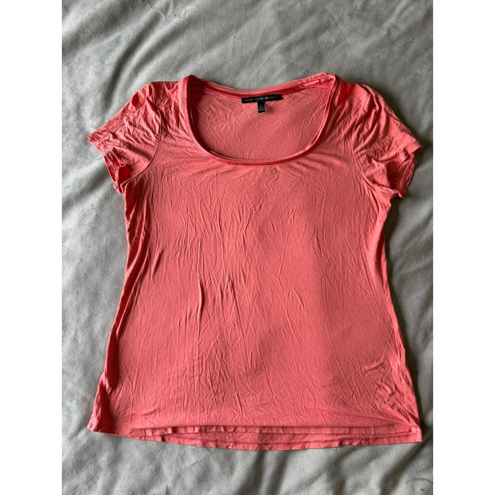 White House Black Market Coral Pink Scoop Neck Satin Trim Short Sleeve Top M